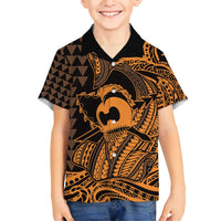 Koa Ikaika Warrior Helmet with Shark Family Matching Off Shoulder Maxi Dress and Hawaiian Shirt Gold Kakau Style