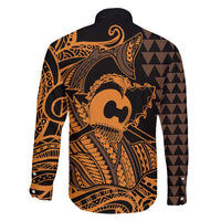 Koa Ikaika Warrior Helmet with Shark Family Matching Off Shoulder Short Dress and Hawaiian Shirt Gold Kakau Style