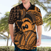 Koa Ikaika Warrior Helmet with Shark Hawaiian Shirt Gold Kakau Style LT9 - Polynesian Pride
