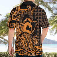 Koa Ikaika Warrior Helmet with Shark Hawaiian Shirt Gold Kakau Style LT9 - Polynesian Pride
