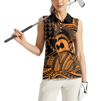 Koa Ikaika Warrior Helmet with Shark Women Sleeveless Polo Shirt Gold Kakau Style