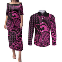 Koa Ikaika Warrior Helmet with Shark Couples Matching Puletasi and Long Sleeve Button Shirt Pink Kakau Style LT9 Pink - Polynesian Pride