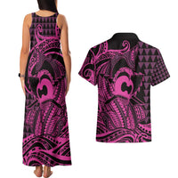 Koa Ikaika Warrior Helmet with Shark Couples Matching Tank Maxi Dress and Hawaiian Shirt Pink Kakau Style