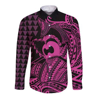 Koa Ikaika Warrior Helmet with Shark Long Sleeve Button Shirt Pink Kakau Style