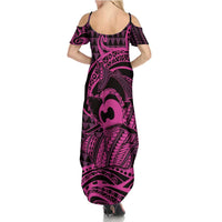 Koa Ikaika Warrior Helmet with Shark Summer Maxi Dress Pink Kakau Style LT9 - Polynesian Pride