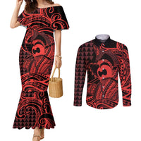 Koa Ikaika Warrior Helmet with Shark Couples Matching Mermaid Dress and Long Sleeve Button Shirt Red Kakau Style LT9 Red - Polynesian Pride