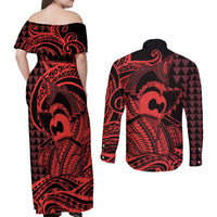 Koa Ikaika Warrior Helmet with Shark Couples Matching Off Shoulder Maxi Dress and Long Sleeve Button Shirt Red Kakau Style LT9 - Polynesian Pride