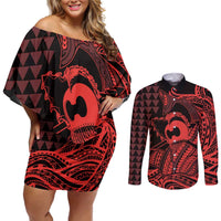 Koa Ikaika Warrior Helmet with Shark Couples Matching Off Shoulder Short Dress and Long Sleeve Button Shirt Red Kakau Style LT9 Red - Polynesian Pride