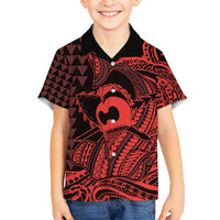Koa Ikaika Warrior Helmet with Shark Family Matching Off Shoulder Short Dress and Hawaiian Shirt Red Kakau Style