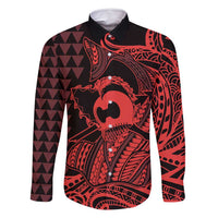 Koa Ikaika Warrior Helmet with Shark Family Matching Tank Maxi Dress and Hawaiian Shirt Red Kakau Style