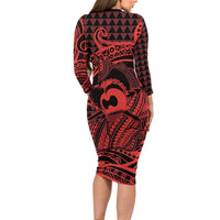 Koa Ikaika Warrior Helmet with Shark Long Sleeve Bodycon Dress Red Kakau Style