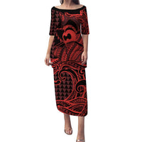 Koa Ikaika Warrior Helmet with Shark Puletasi Red Kakau Style LT9 Long Dress Red - Polynesian Pride