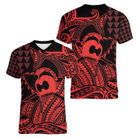 Koa Ikaika Warrior Helmet with Shark Women V-Neck T-Shirt Red Kakau Style LT9 - Polynesian Pride