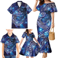 North Island Kokako and South Island Kokako Family Matching Mermaid Dress and Hawaiian Shirt New Zealand Native Bird with Galaxy Vibe