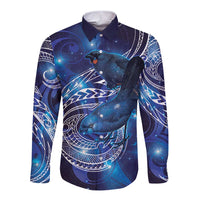 North Island Kokako and South Island Kokako Long Sleeve Button Shirt New Zealand Native Bird with Galaxy Vibe