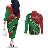 Personalised Cook Islands ANZAC 1915-2026 Filmstrip Couples Matching Off The Shoulder Long Sleeve Dress and Long Sleeve Button Shirt Lest We Forget 25 April
