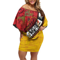 Personalised Niue ANZAC 1915-2026 Filmstrip Family Matching Off Shoulder Short Dress and Hawaiian Shirt Lest We Forget 25 April LT9 Mom's Dress Gold - Polynesian Pride