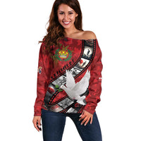 Personalised Tonga ANZAC 1915-2026 Filmstrip Off Shoulder Sweater Lest We Forget 25 April LT9 Women Red - Polynesian Pride