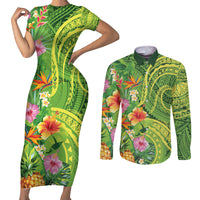Polynesian Tribal Flower Tattoo Couples Matching Short Sleeve Bodycon Dress and Long Sleeve Button Shirt Special Lime Green Vibe