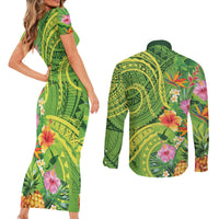 Polynesian Tribal Flower Tattoo Couples Matching Short Sleeve Bodycon Dress and Long Sleeve Button Shirt Special Lime Green Vibe