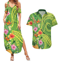 Polynesian Tribal Flower Tattoo Couples Matching Summer Maxi Dress and Hawaiian Shirt Special Lime Green Vibe