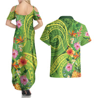 Polynesian Tribal Flower Tattoo Couples Matching Summer Maxi Dress and Hawaiian Shirt Special Lime Green Vibe