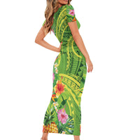 Polynesian Tribal Flower Tattoo Short Sleeve Bodycon Dress Special Lime Green Vibe