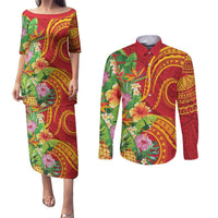 Polynesian Tribal Flower Tattoo Couples Matching Puletasi and Long Sleeve Button Shirt Special Vermilion Vibe LT9 Brownish-red - Polynesian Pride