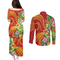 Polynesian Tribal Flower Tattoo Couples Matching Puletasi and Long Sleeve Button Shirt Special Vermilion Vibe LT9 - Polynesian Pride