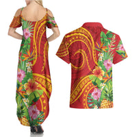 Polynesian Tribal Flower Tattoo Couples Matching Summer Maxi Dress and Hawaiian Shirt Special Vermilion Vibe LT9 - Polynesian Pride