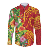 Polynesian Tribal Flower Tattoo Long Sleeve Button Shirt Special Vermilion Vibe