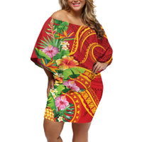 Polynesian Tribal Flower Tattoo Off Shoulder Short Dress Special Vermilion Vibe LT9 Women Brownish-red - Polynesian Pride