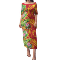 Polynesian Tribal Flower Tattoo Puletasi Special Vermilion Vibe LT9 Long Dress Brownish-red - Polynesian Pride