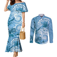 Polynesian Hibiscus Flower Tribal Couples Matching Mermaid Dress and Long Sleeve Button Shirt Blue Color LT9 Blue - Polynesian Pride