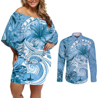 Polynesian Hibiscus Flower Tribal Couples Matching Off Shoulder Short Dress and Long Sleeve Button Shirt Blue Color LT9 Blue - Polynesian Pride