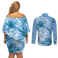Polynesian Hibiscus Flower Tribal Couples Matching Off Shoulder Short Dress and Long Sleeve Button Shirt Blue Color LT9 - Polynesian Pride