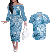 Polynesian Hibiscus Flower Tribal Couples Matching Off The Shoulder Long Sleeve Dress and Hawaiian Shirt Blue Color
