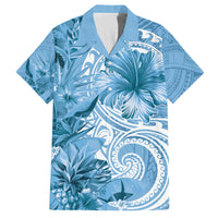 Polynesian Hibiscus Flower Tribal Family Matching Off Shoulder Short Dress and Hawaiian Shirt Blue Color