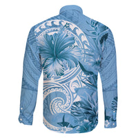 Polynesian Hibiscus Flower Tribal Family Matching Off Shoulder Short Dress and Hawaiian Shirt Blue Color