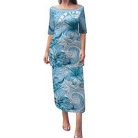 Polynesian Hibiscus Flower Tribal Puletasi Blue Color LT9 Long Dress Blue - Polynesian Pride