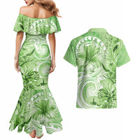 Polynesian Hibiscus Flower Tribal Couples Matching Mermaid Dress and Hawaiian Shirt Lime Green Color LT9 - Polynesian Pride