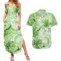 Polynesian Hibiscus Flower Tribal Couples Matching Summer Maxi Dress and Hawaiian Shirt Lime Green Color