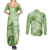 Polynesian Hibiscus Flower Tribal Couples Matching Summer Maxi Dress and Long Sleeve Button Shirt Lime Green Color LT9 - Polynesian Pride