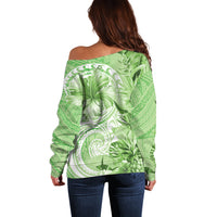 Polynesian Hibiscus Flower Tribal Off Shoulder Sweater Lime Green Color