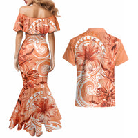 Polynesian Hibiscus Flower Tribal Couples Matching Mermaid Dress and Hawaiian Shirt Peach Color