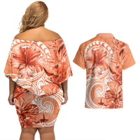 Polynesian Hibiscus Flower Tribal Couples Matching Off Shoulder Short Dress and Hawaiian Shirt Peach Color
