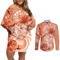 Polynesian Hibiscus Flower Tribal Couples Matching Off Shoulder Short Dress and Long Sleeve Button Shirt Peach Color LT9 Peach - Polynesian Pride