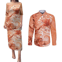 Polynesian Hibiscus Flower Tribal Couples Matching Puletasi and Long Sleeve Button Shirt Peach Color LT9 Peach - Polynesian Pride