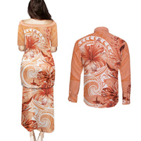 Polynesian Hibiscus Flower Tribal Couples Matching Puletasi and Long Sleeve Button Shirt Peach Color LT9 - Polynesian Pride