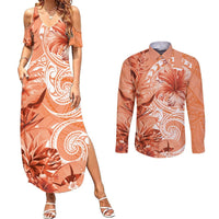 Polynesian Hibiscus Flower Tribal Couples Matching Summer Maxi Dress and Long Sleeve Button Shirt Peach Color LT9 Peach - Polynesian Pride